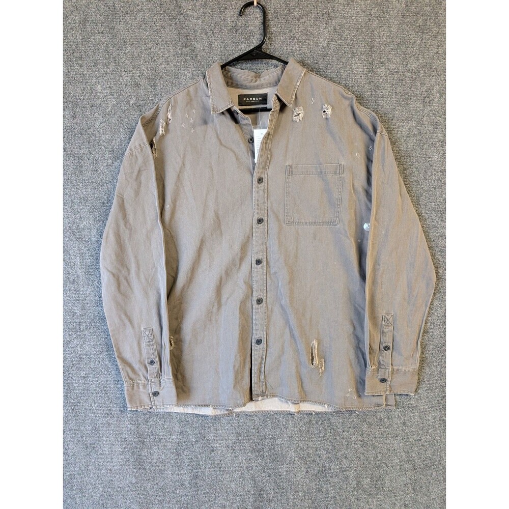 Pacsun Men's Gray Distressed Button Up Shirt Large Boxy Fit  90s grunge style
